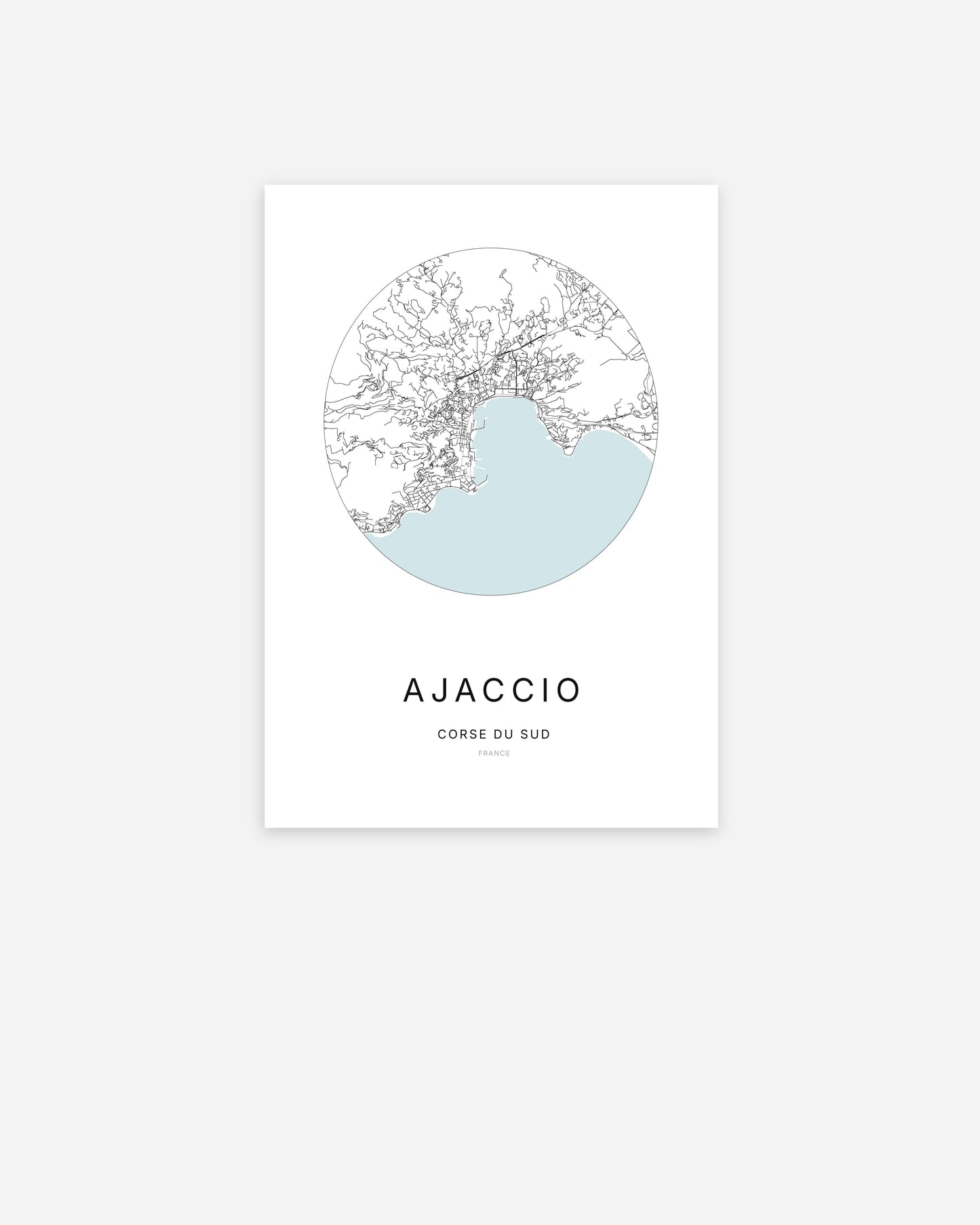 Affiche minimaliste d’Ajaccio représentant le plan de la ville en design épuré.