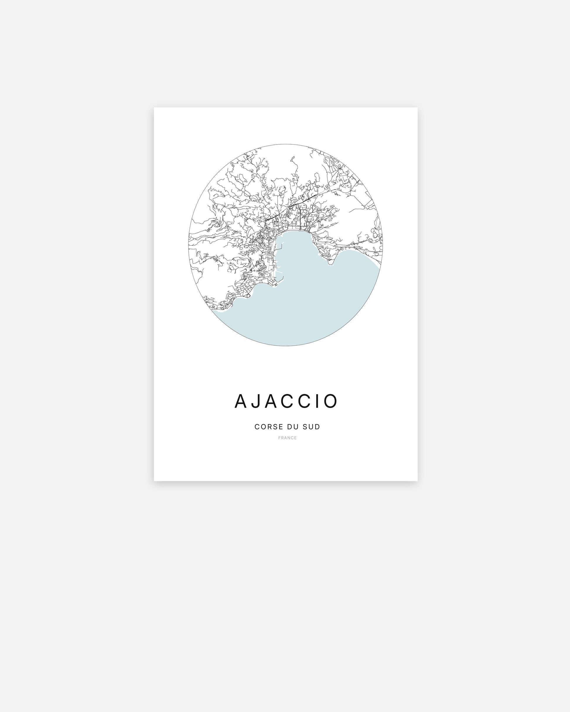 Affiche minimaliste d’Ajaccio représentant le plan de la ville en design épuré.