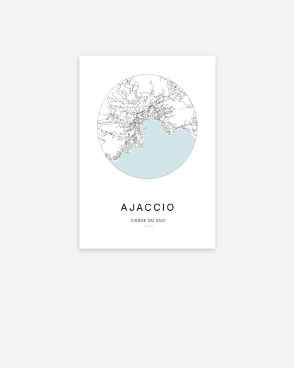 Affiche minimaliste d’Ajaccio représentant le plan de la ville en design épuré.