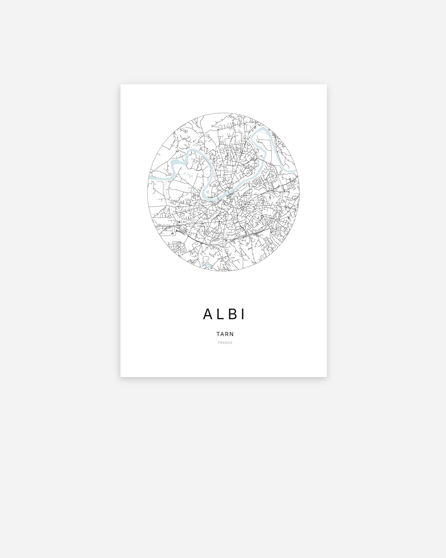 Affiche minimaliste de Albi représentant le plan de la ville en design épuré.