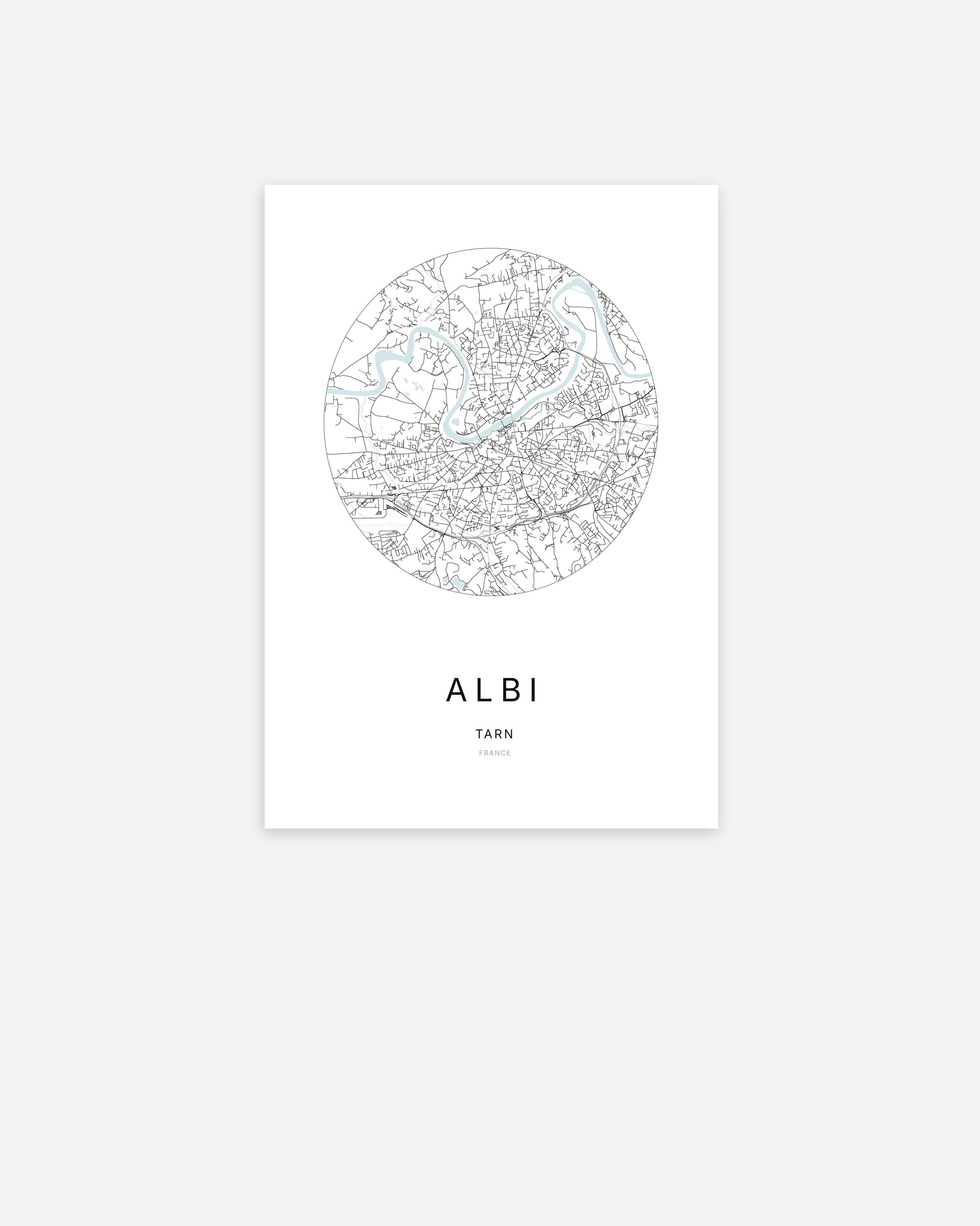 Affiche minimaliste de Albi représentant le plan de la ville en design épuré.
