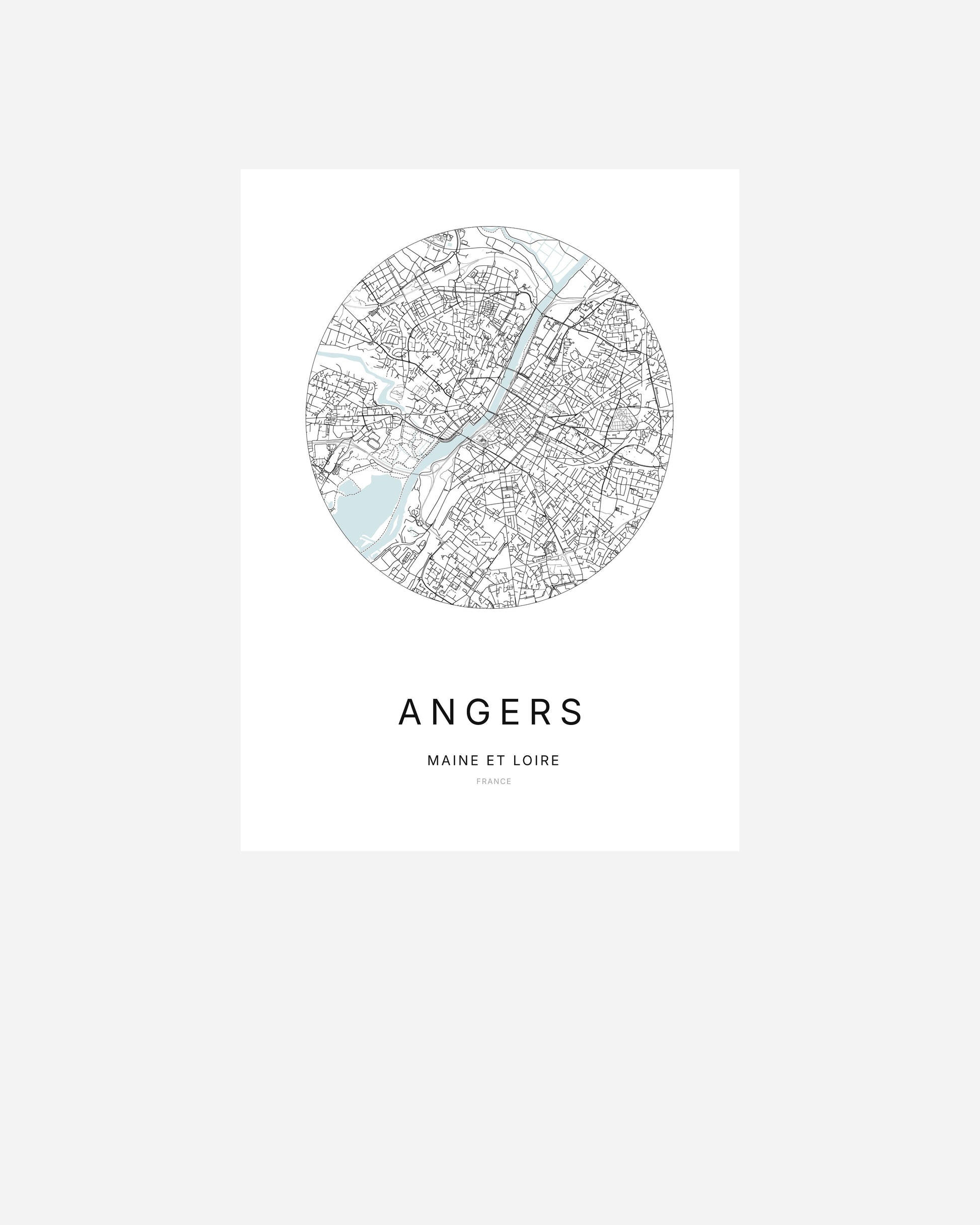 Affiche minimaliste de Angers représentant le plan de la ville en design épuré.
