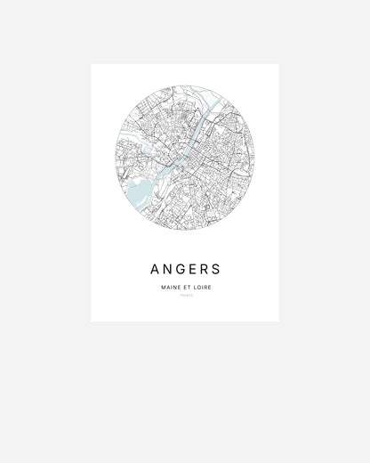Affiche minimaliste de Angers représentant le plan de la ville en design épuré.