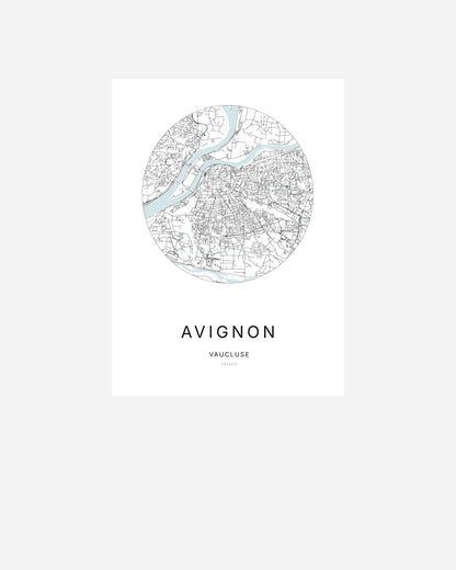 Affiche minimaliste d’Avignon représentant le plan de la ville en design épuré.