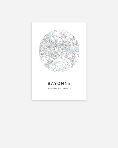 Affiche minimaliste de Bayonne représentant le plan de la ville en design épuré.