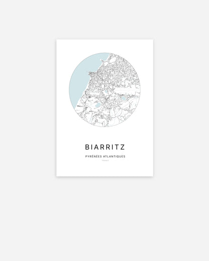 Affiche minimaliste de Biarritz représentant le plan de la ville en design épuré.