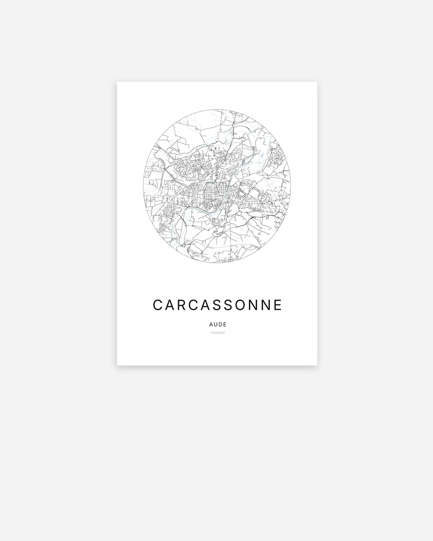 Affiche minimaliste de Carcassonne représentant le plan de la ville en design épuré.