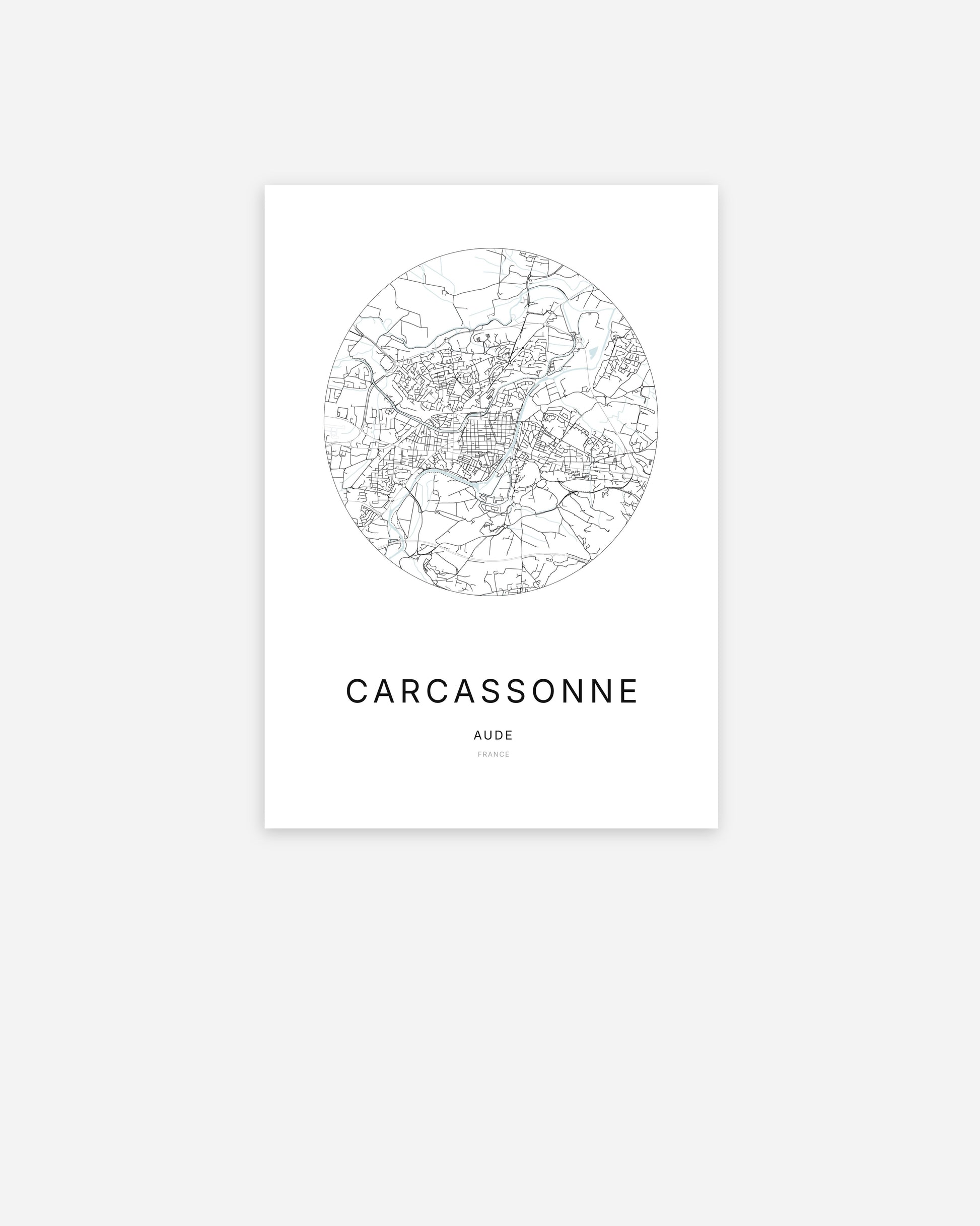 Affiche minimaliste de Carcassonne représentant le plan de la ville en design épuré.