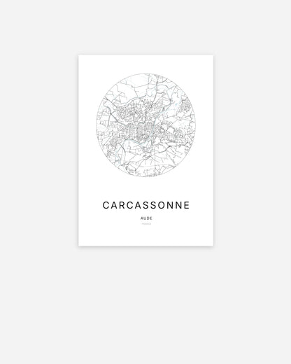 Affiche minimaliste de Carcassonne représentant le plan de la ville en design épuré.