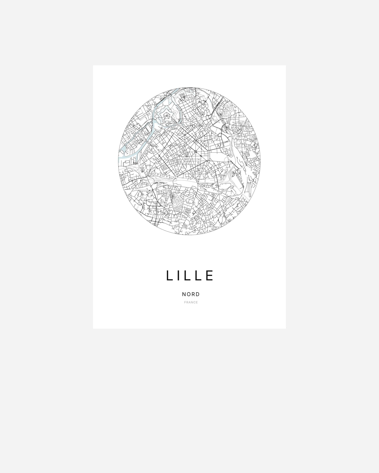 Affiche minimaliste de Lille représentant le plan de la ville en design épuré.