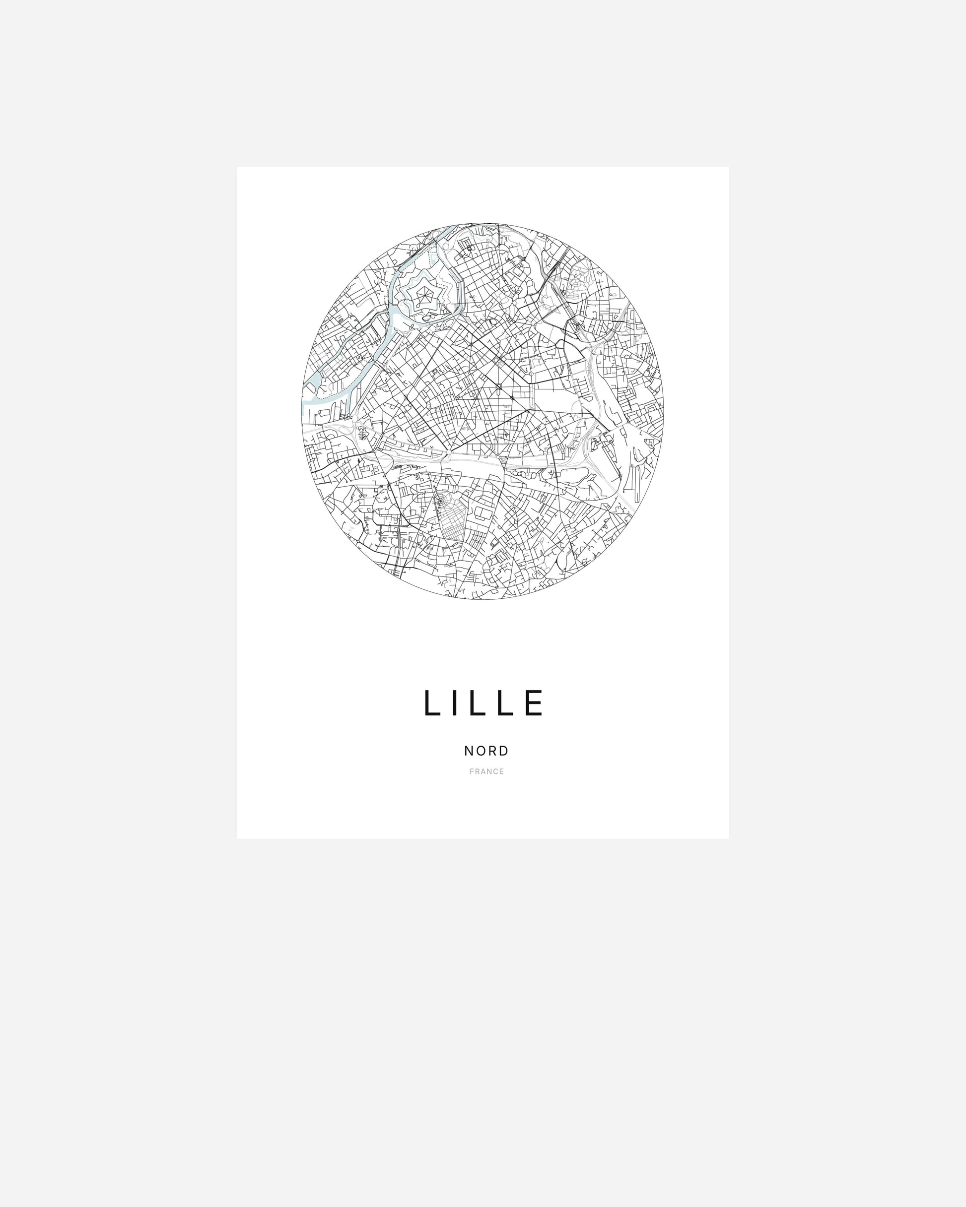 Affiche minimaliste de Lille représentant le plan de la ville en design épuré.