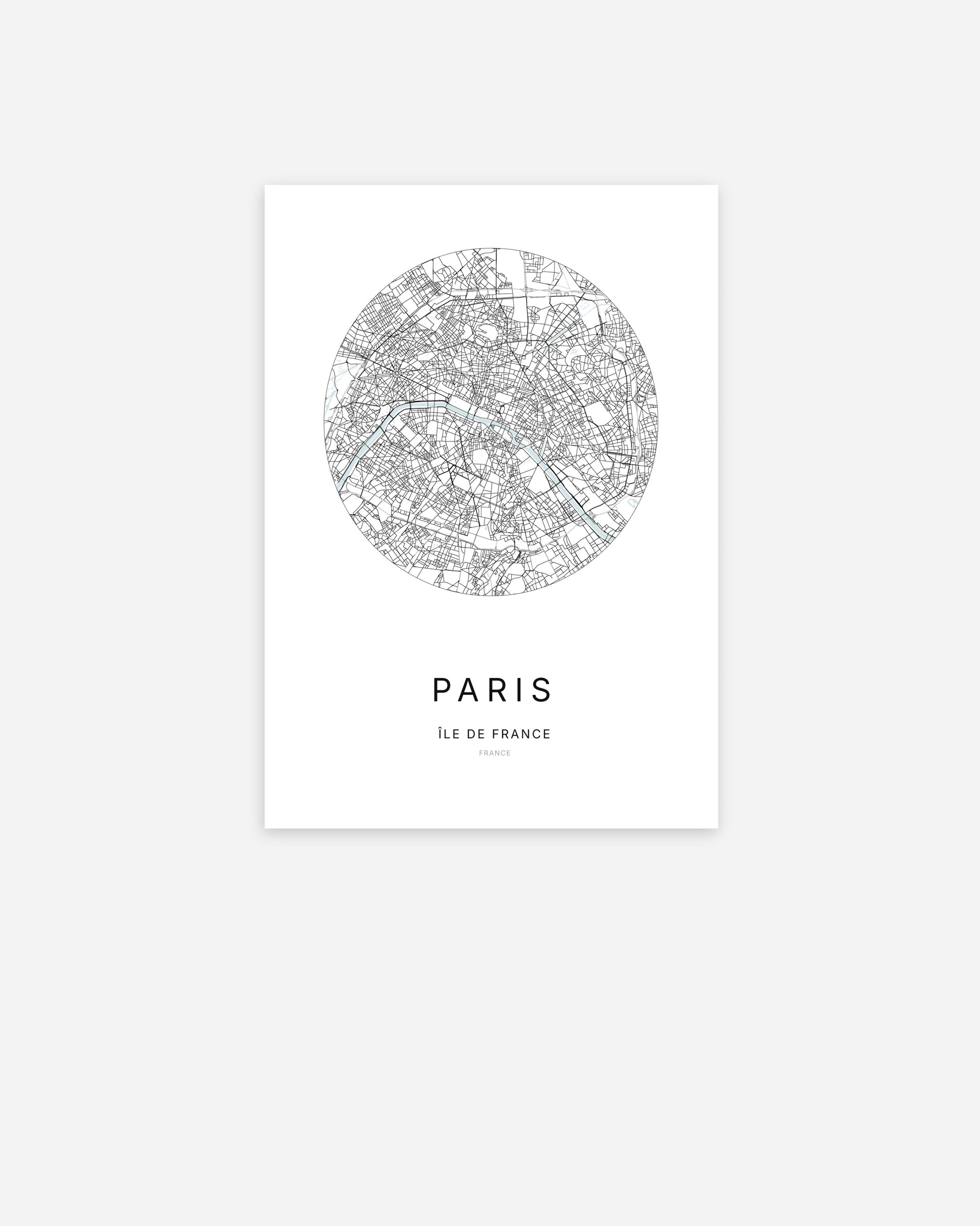 Affiche minimaliste de Paris représentant le plan de la ville en design épuré.