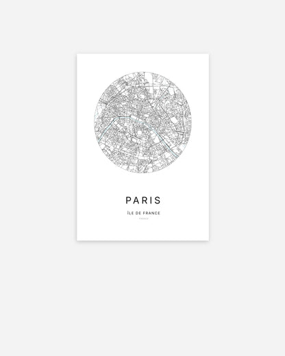 Affiche minimaliste de Paris représentant le plan de la ville en design épuré.