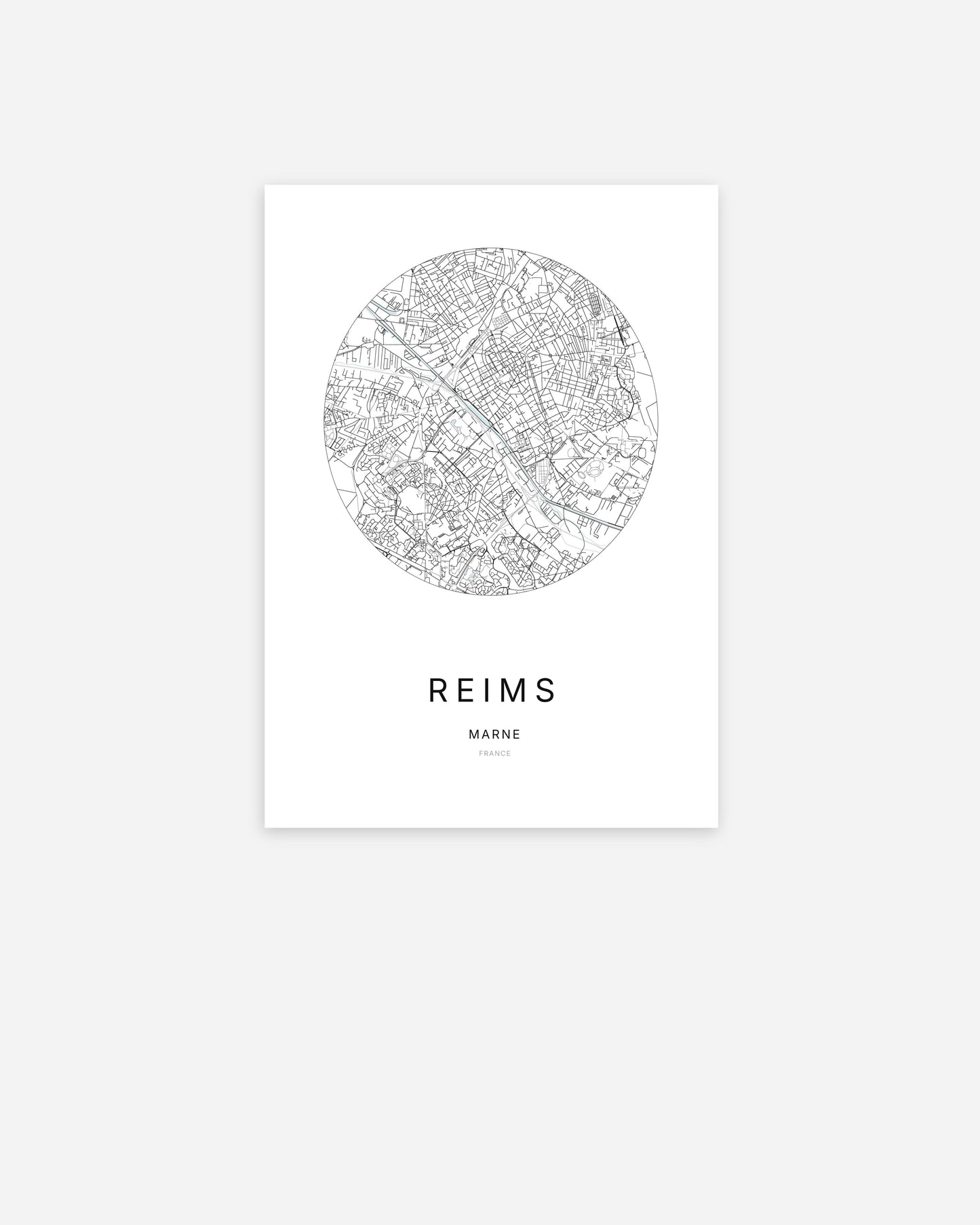 Affiche minimaliste de Reims représentant le plan de la ville en design épuré.