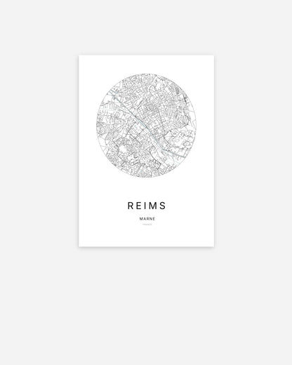 Affiche minimaliste de Reims représentant le plan de la ville en design épuré.
