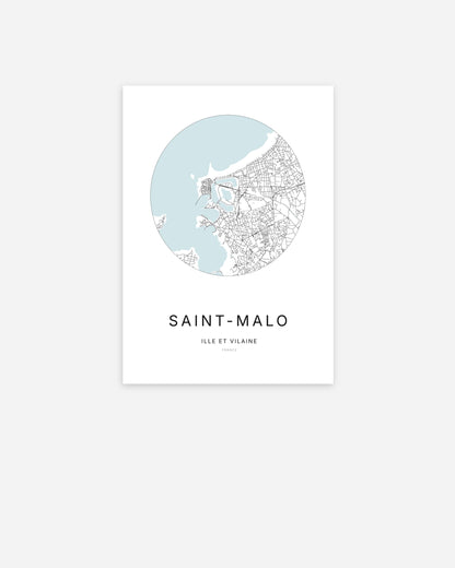Affiche minimaliste de Saint-Malo représentant le plan de la ville en design épuré.