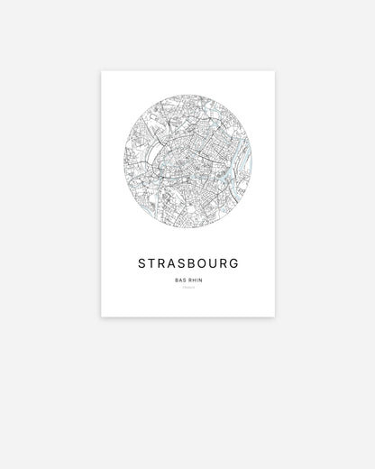 Affiche minimaliste de Strasbourg représentant le plan de la ville en design épuré.