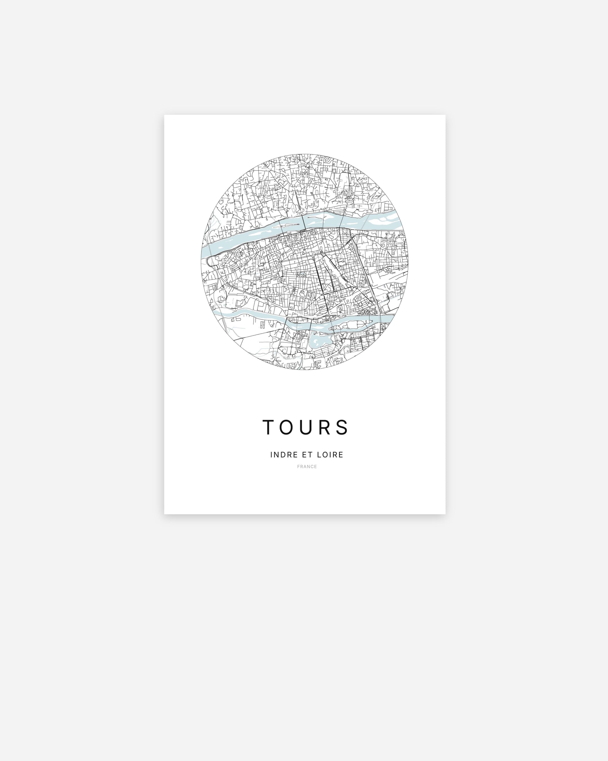 Affiche minimaliste de Tours représentant le plan de la ville en design épuré.
