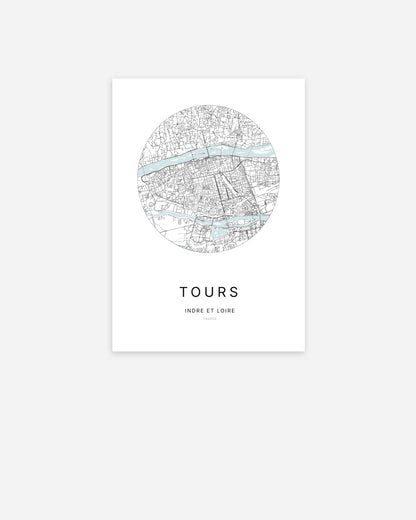 Affiche minimaliste de Tours représentant le plan de la ville en design épuré.