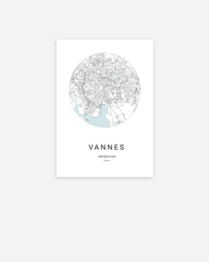 Affiche minimaliste de Vannes représentant le plan de la ville en design épuré.