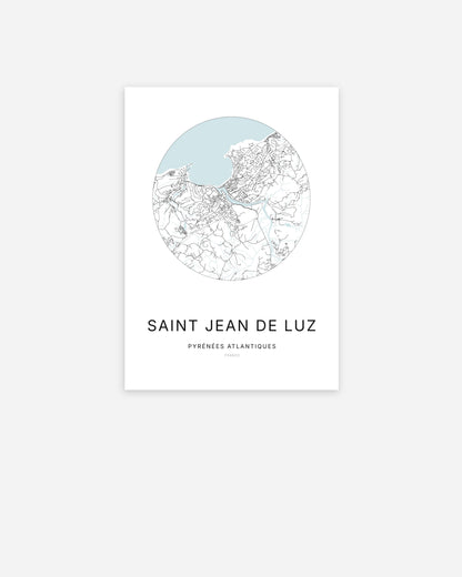 Affiche minimaliste de Saint-Jean-de-Luz représentant le plan de la ville en design épuré.