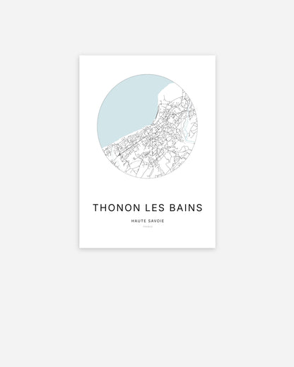Affiche minimaliste de Thonon-les-Bains représentant le plan de la ville en design épuré.
