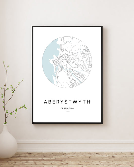 Affiche minimaliste du plan de la ville d’Aberystwyth.