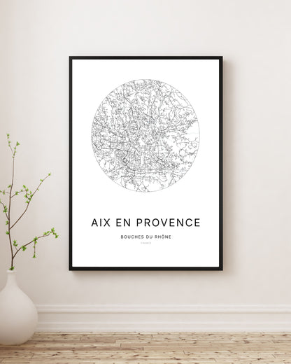 Affiche plan de ville minimaliste d’Aix-en-Provence encadrée en noir.