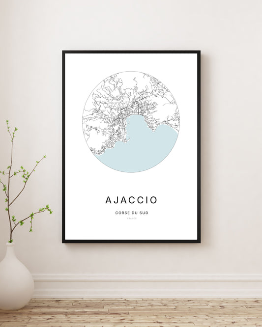 Affiche plan de ville minimaliste de Ajaccio encadrée en noir