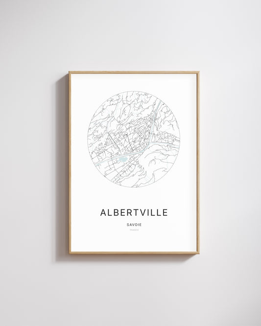 Affiche minimaliste d’Albertville – carte et plan de la ville, poster décoratif City Origin.