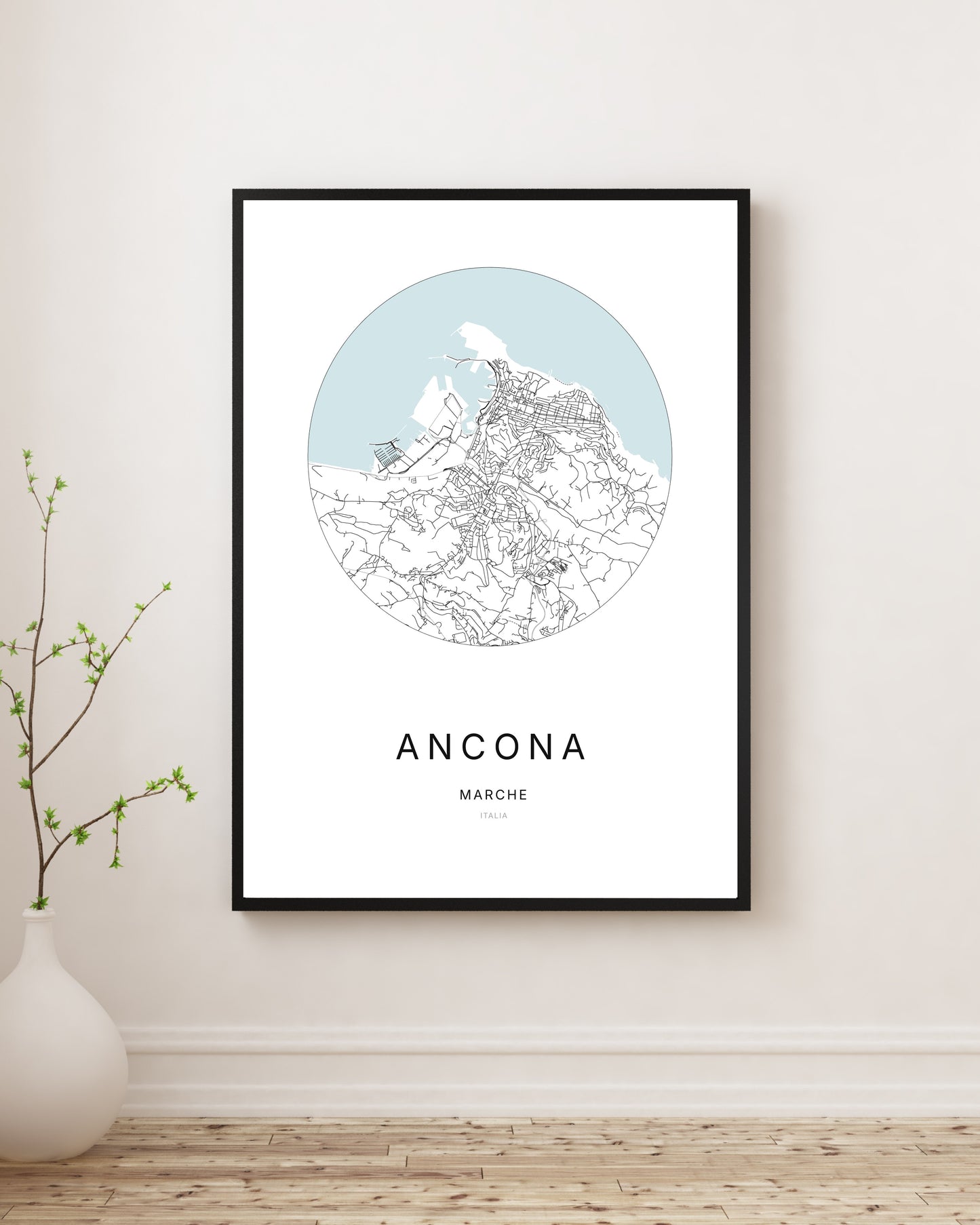 Poster minimalista con la mappa della città di Ancona.