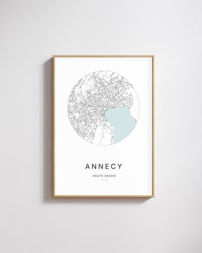Affiche minimaliste d’Annecy – carte et plan de la ville, poster décoratif City Origin.