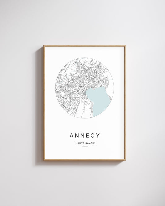 Affiche minimaliste d’Annecy – carte et plan de la ville, poster décoratif City Origin.