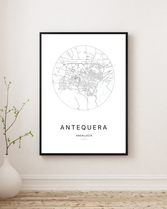 Affiche minimaliste du plan de la ville d'Antequera.