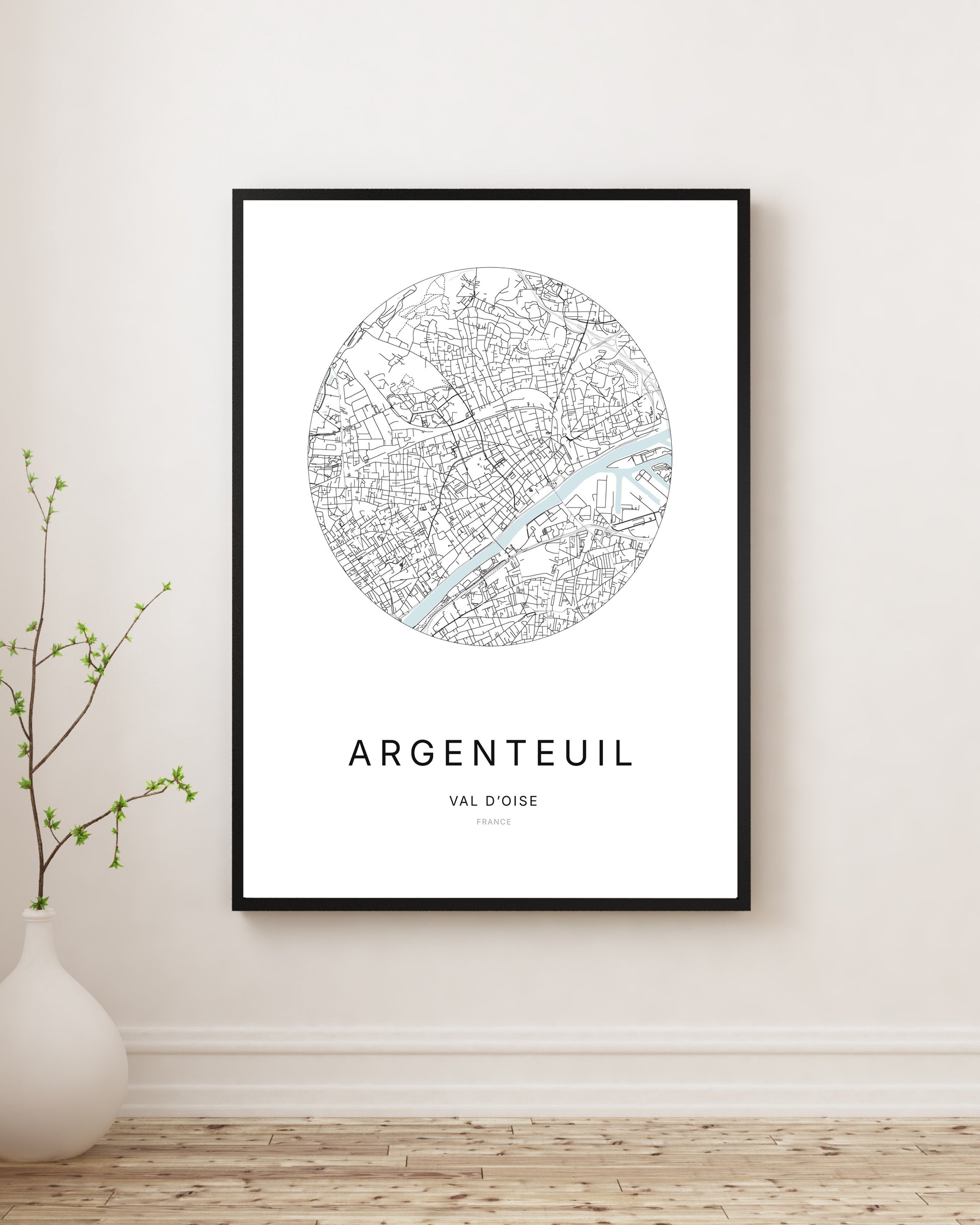 Affiche plan de ville minimaliste d’Argenteuil encadrée en noir.