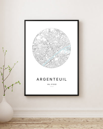 Affiche plan de ville minimaliste d’Argenteuil encadrée en noir.
