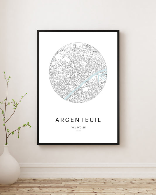 Affiche plan de ville minimaliste d’Argenteuil encadrée en noir.