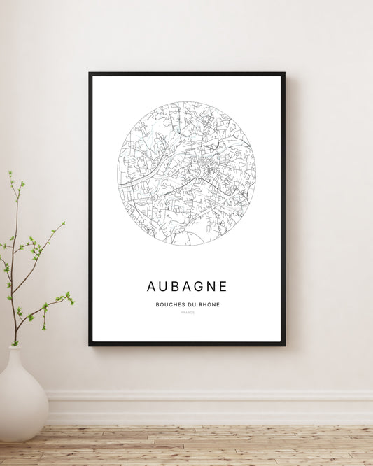 Affiche plan de ville minimaliste d’Aubagne encadrée en noir.