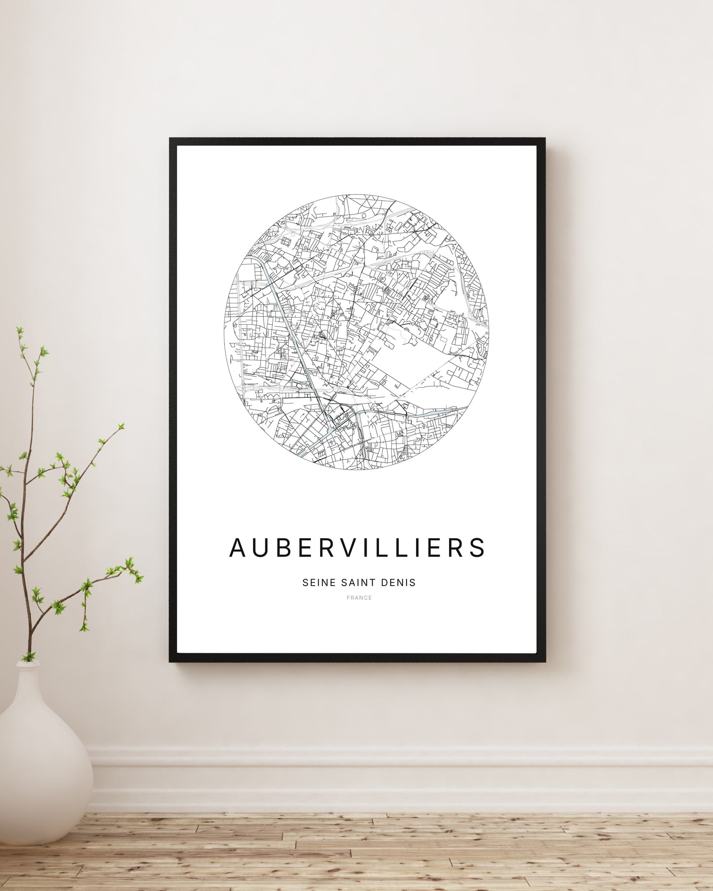Affiche plan de ville minimaliste d’Aubervilliers encadrée en noir.