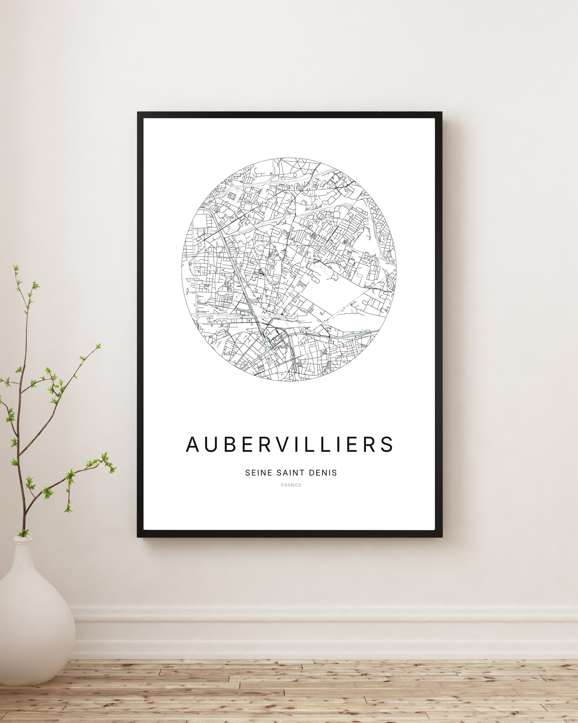 Affiche plan de ville minimaliste d’Aubervilliers encadrée en noir.