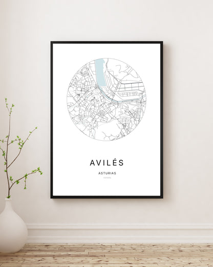 Affiche minimaliste du plan de la ville de Avilés.