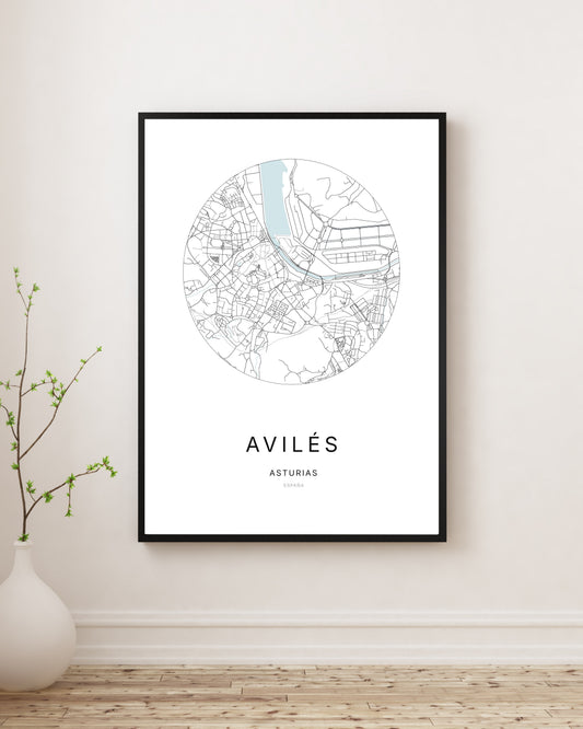 Affiche minimaliste du plan de la ville de Avilés.