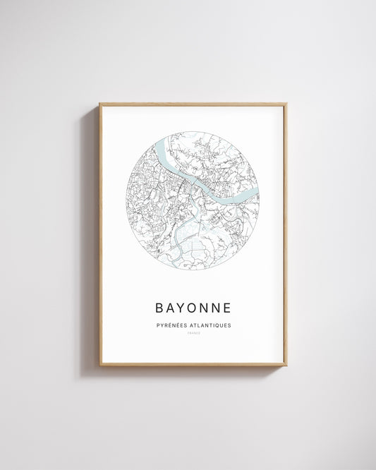 Affiche minimaliste de Bayonne – carte et plan de la ville, poster décoratif City Origin.