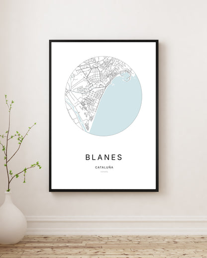 Affiche minimaliste du plan de la ville de Blanes.