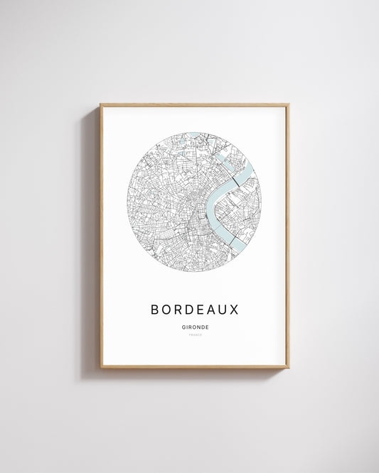 Affiche minimaliste de Bordeaux – carte et plan de la ville, poster décoratif City Origin.