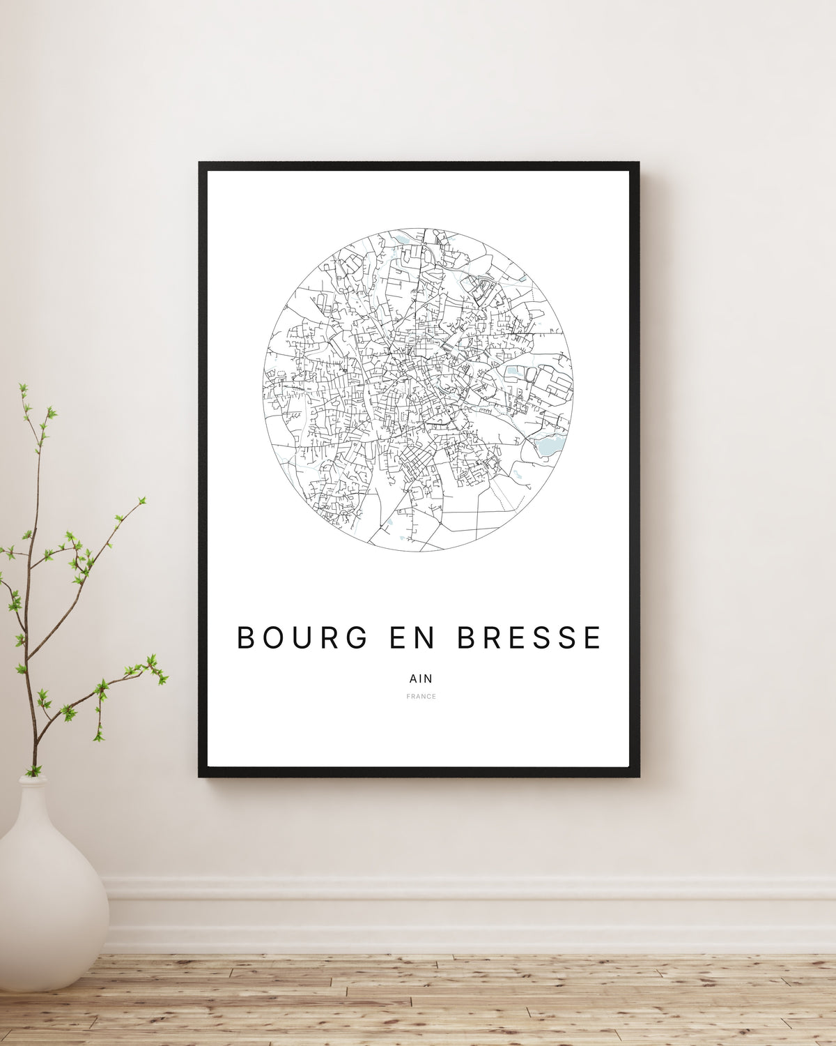 Affiche minimaliste du plan de la ville de Bourg-en-Bresse.