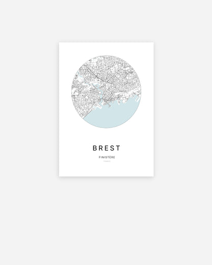 Affiche minimaliste de Brest représentant le plan de la ville en design épuré.