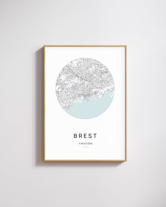 Affiche minimaliste de Brest – carte et plan de la ville, poster décoratif City Origin.