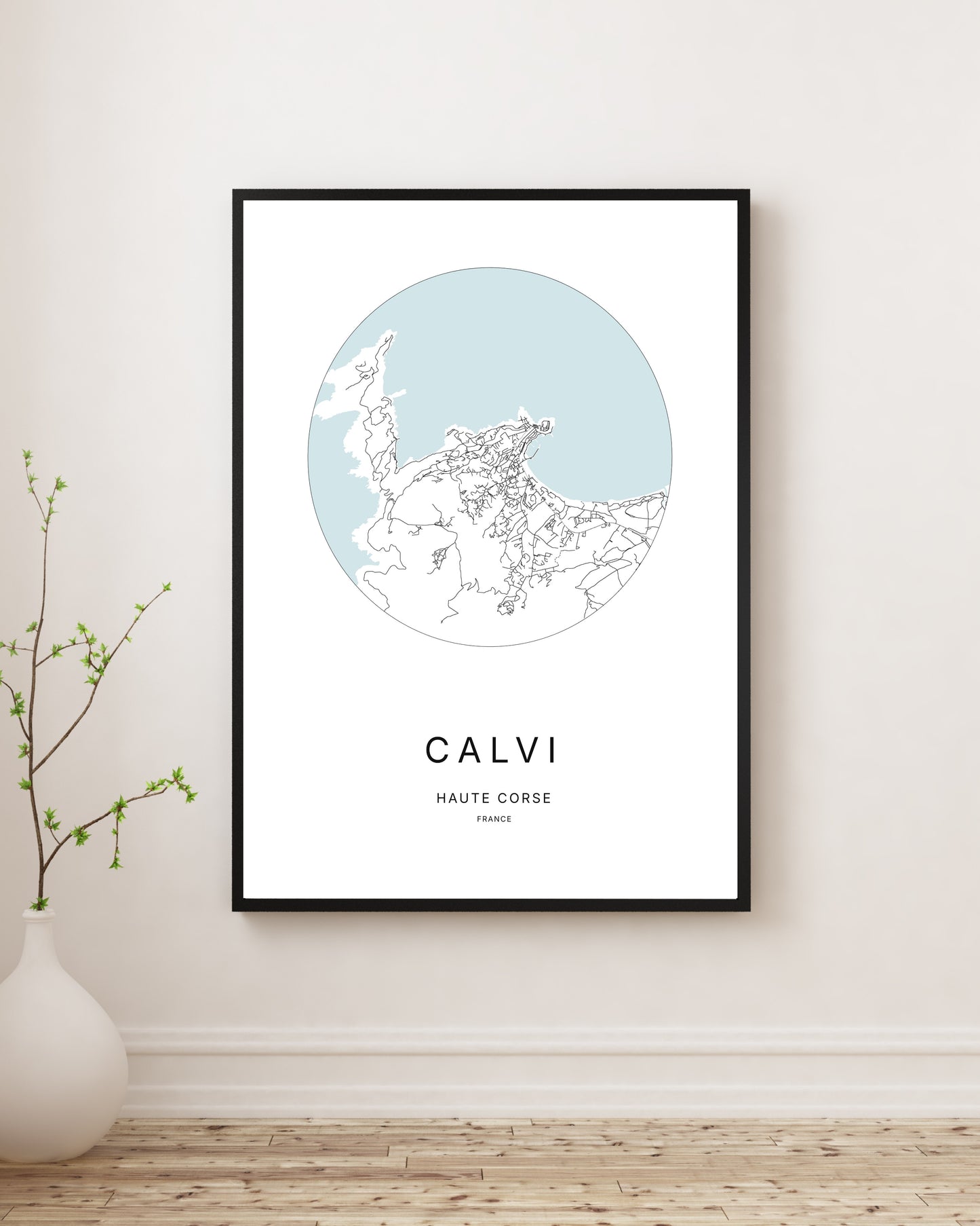 Affiche plan de ville minimaliste de Calvi encadrée en noir
