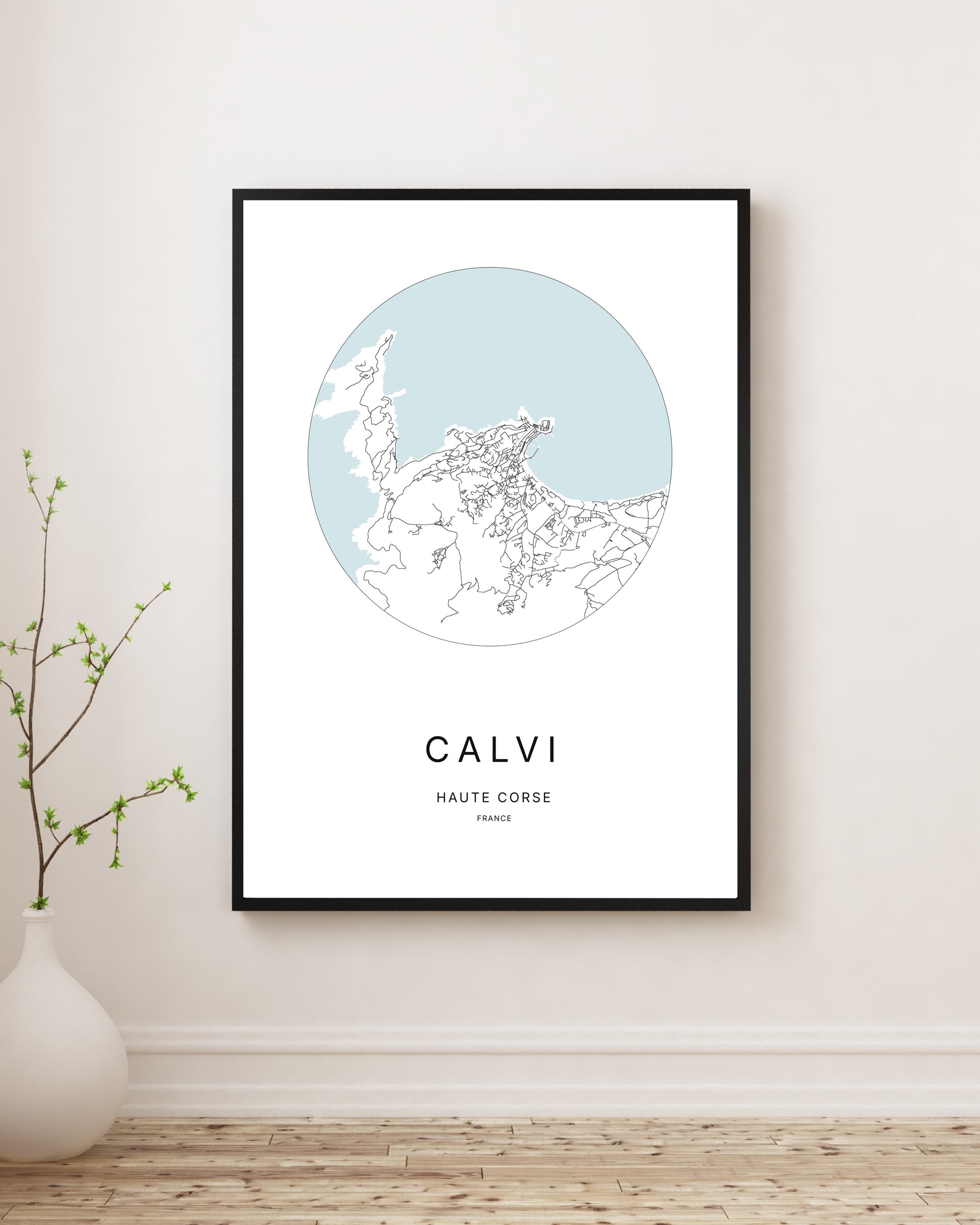 Affiche plan de ville minimaliste de Calvi encadrée en noir